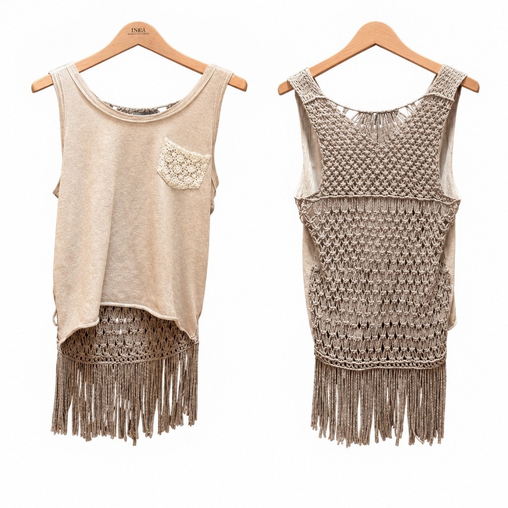 Addie Tank Top Women Medium‎ Beige Macrame Fringe Crochet Boho Festival Layering